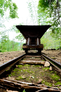 Rusty rail cart on old railway tracks surrounded by trees.