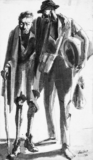 A drawing of a person with a walking stick leaning on a person with a swag.