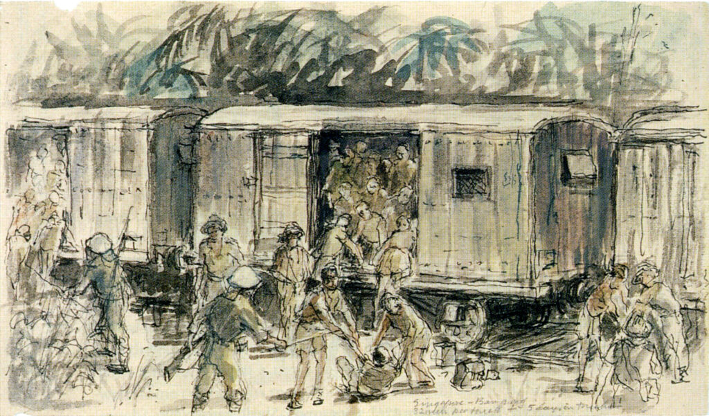 Drawing of prisoners of war being directed onto a railway carriage.