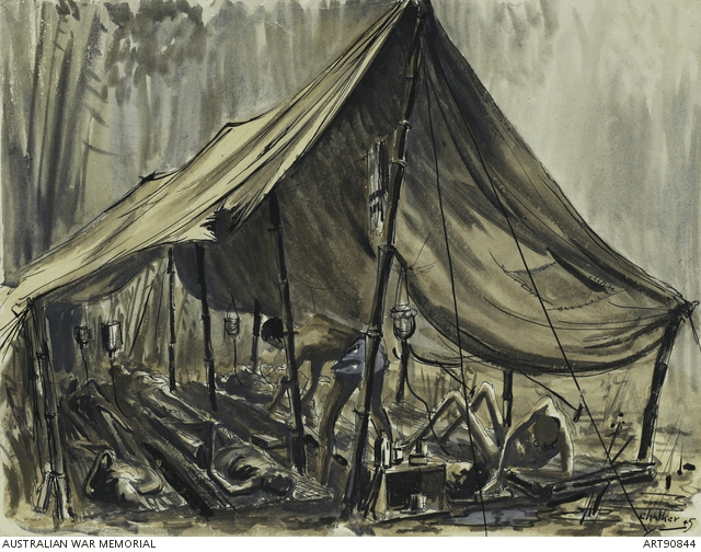 A painting of a prisoner of war working in a tent.