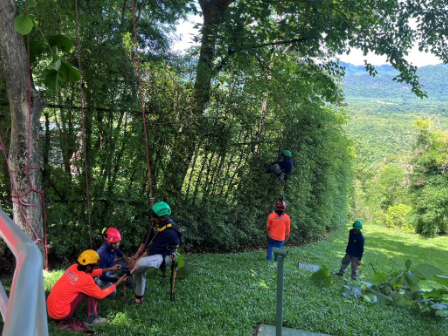 5 people with safety hats on grassy slope.