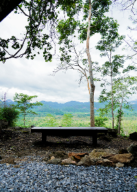 Bench seat surrounded by rocks pebbles trees overloooking mountainous background.